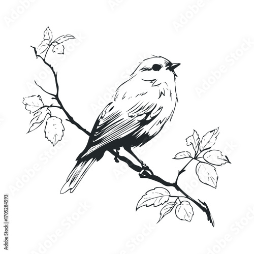 An ink sketch of a small bird on a leafy branch.