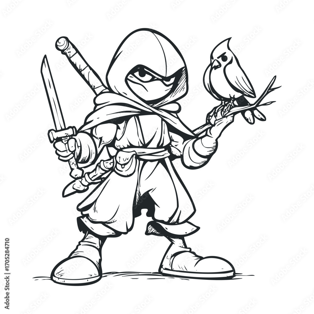 Fototapeta premium A hooded ninja holds a bird on a stick.