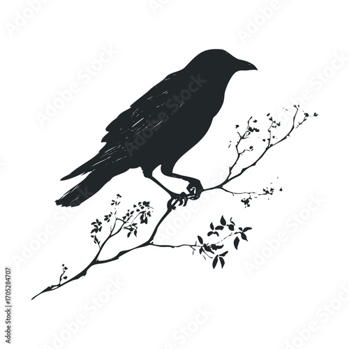 A black silhouette of a raven on a branch.