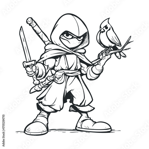 A hooded ninja holds a bird on a stick.
