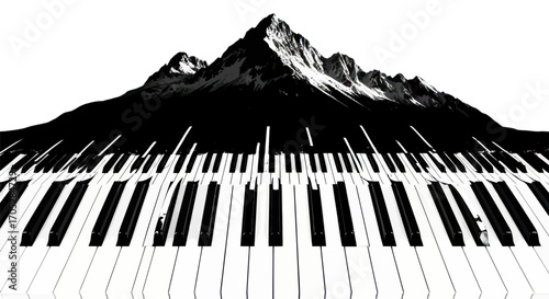 Monochromatic fusion of mountainous landscape and piano keys creating a surreal musical vista