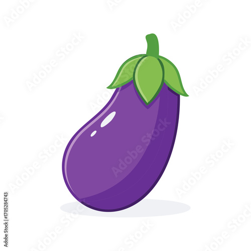 Cartoon eggplant illustration featuring purple skin and green leafy stem for cooking or healthy food concepts
