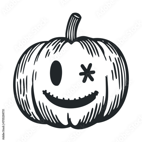A pumpkin with a winking and smiling face.