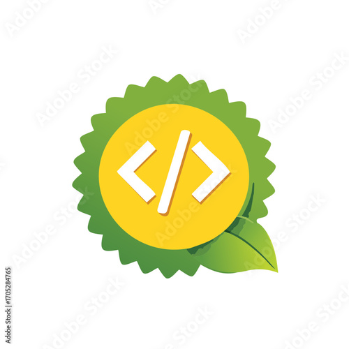 Green code badge with leaf symbol for eco friendly programming and development