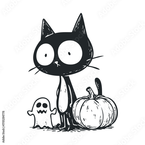 A wide-eyed black cat stands next to a ghost and pumpkin.