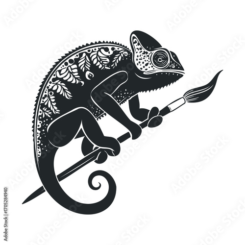 A chameleon holding a paintbrush, shown in black and white.