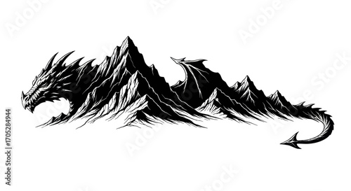 Monochrome fantasy illustration of a mountain range shaped like a mythical dragon silhouette