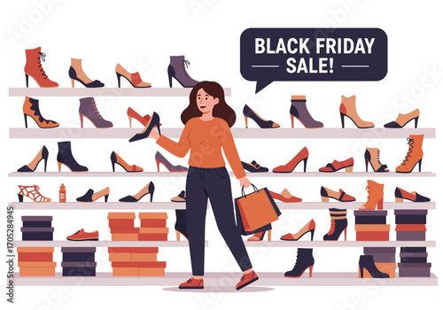 Woman shopping for shoes at a Black Friday sale with shelves full of footwear