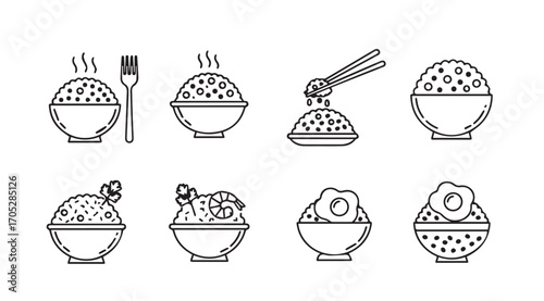 Collection of eight stylized rice bowl illustrations with various toppings silhouette