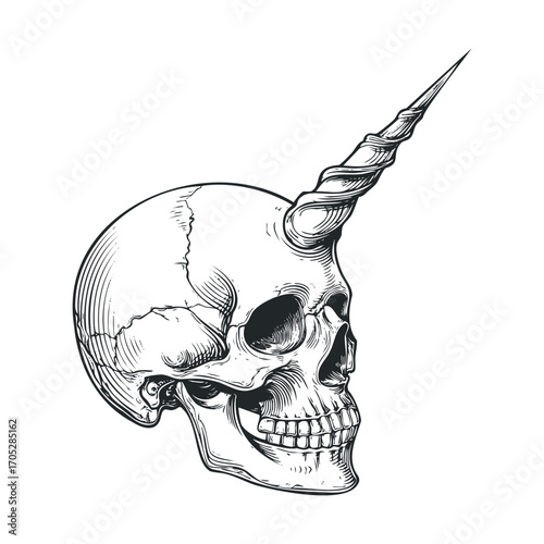 A black and white stylized image of a skull with a horn.