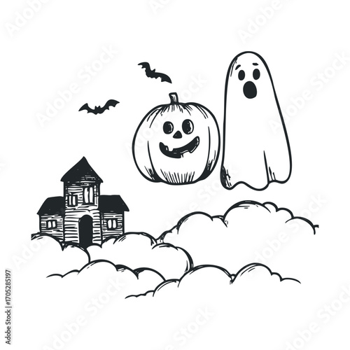 A haunted scene with a ghost, pumpkin, and spooky house.