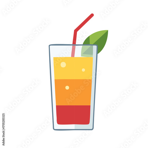 Refreshing layered summer drink with red orange yellow colors straw and green leaf