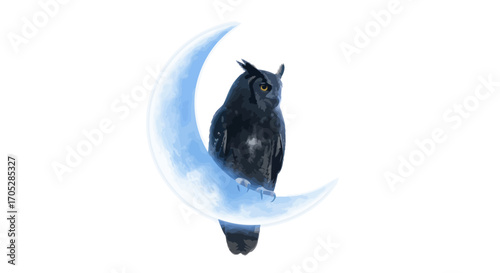Mystical owl perched elegantly upon a crescent moon with ethereal glow illustration