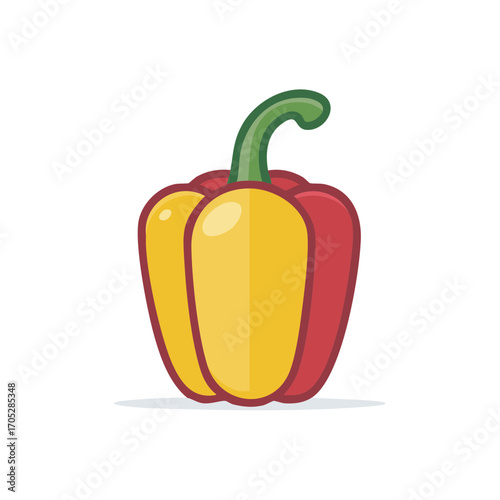 Colorful bell pepper illustration with yellow and red sections, green stem, flat design