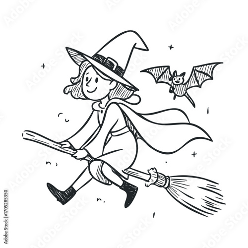 A black and white line drawing of a witch on a broom.