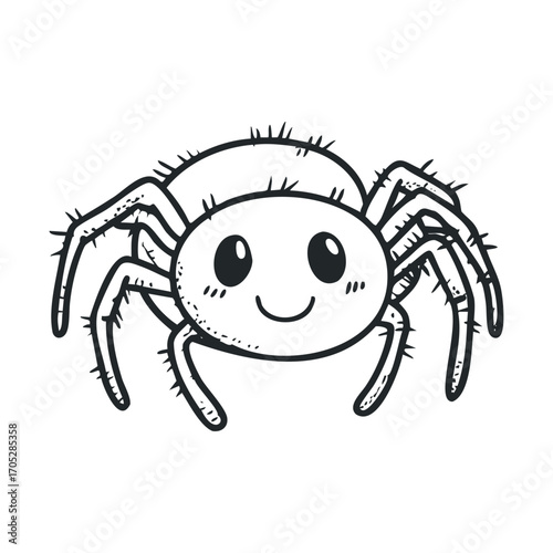 A black and white line drawing of a smiling spider.