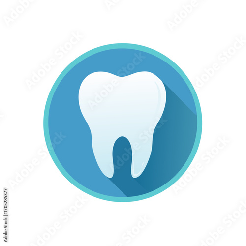Clean white tooth icon in blue circle representing dental health and care