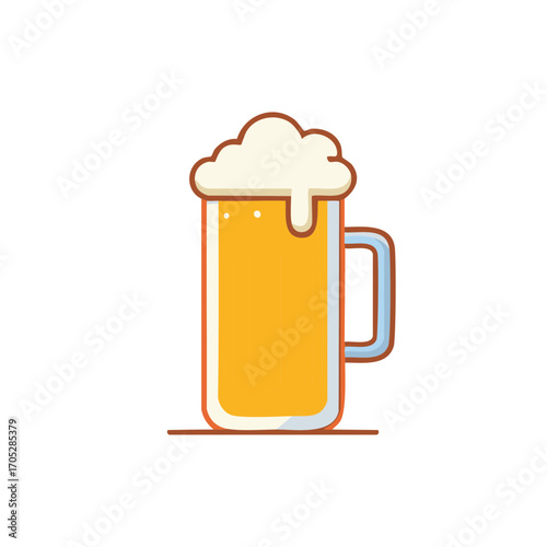 Cartoon beer mug with frothy foam, filled with amber liquid, simple illustration