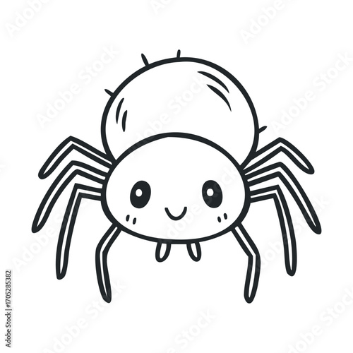 A black and white line drawing of a smiling spider.