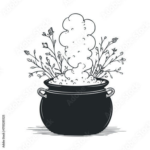 A black and white line drawing of a bubbling cauldron.