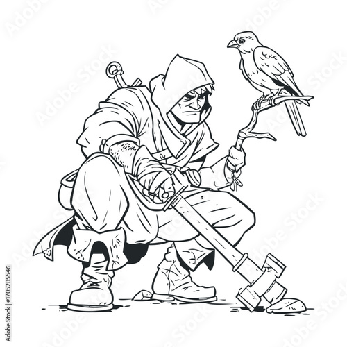 A line drawing of a hooded warrior with a bird.