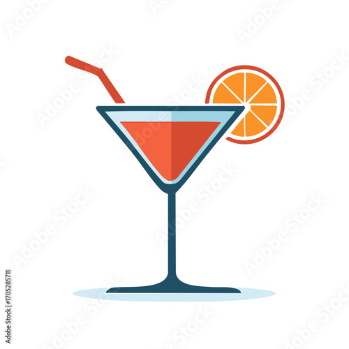 Vibrant Red Cocktail with Orange Slice and Straw in Martini Glass Minimalist Style