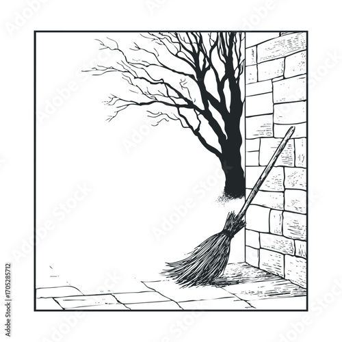 A broom leans against a wall next to a bare tree.