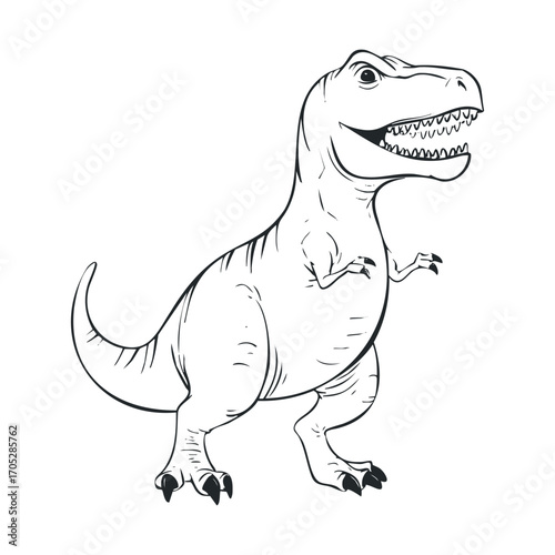A black and white line drawing of a smiling T-Rex.