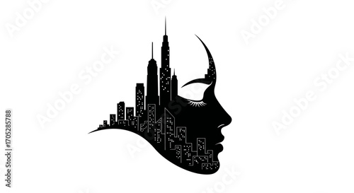 Silhouette of a serene woman's face merging with a modern cityscape creating a surreal urban