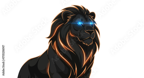 Stylized mystical lion illustration with glowing outline and piercing blue eyes
