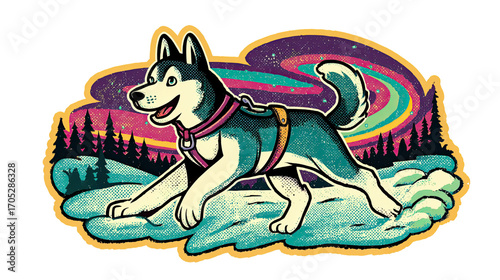 Retro Husky Dog Running Sticker under Vibrant Northern Lights