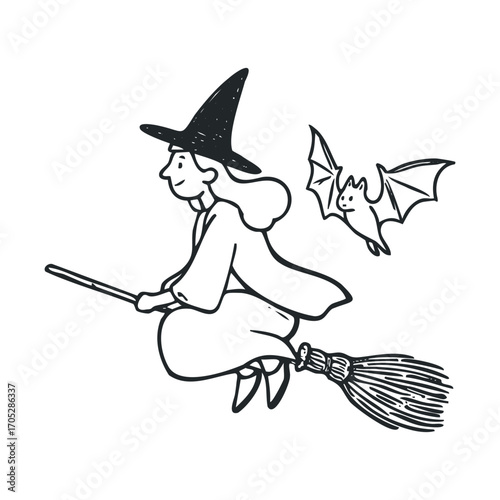 A happy witch flying on a broom with a bat.