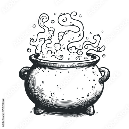A bubbling witch's cauldron with swirling steam.