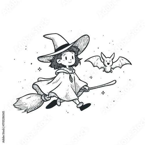 A happy little witch flying on a broomstick with a bat.