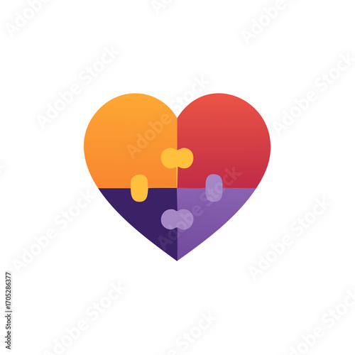 Colorful heart jigsaw puzzle icon representing love connection unity and teamwork