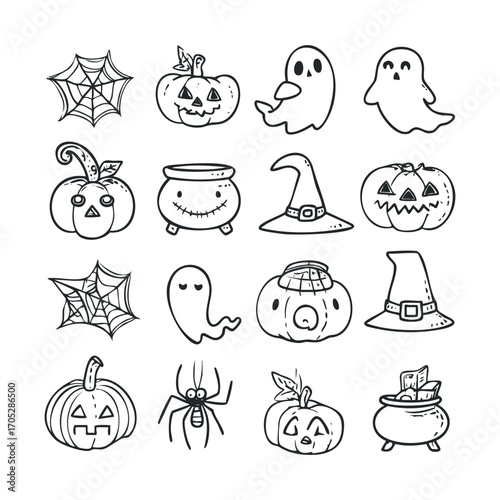  A collection of hand-drawn Halloween themed doodles.