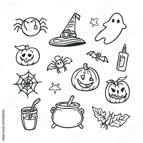 A collection of simple Halloween icons in a doodle style.