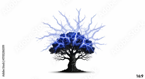 Symbolic representation of energy and nature interplay, a tree struck by electricity evoking power