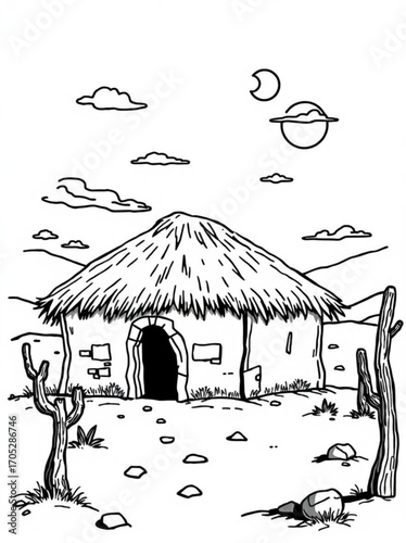Minimilist illustration of a thatched hut in a desert landscape with cacti, clouds, and celestial bodies at night vector