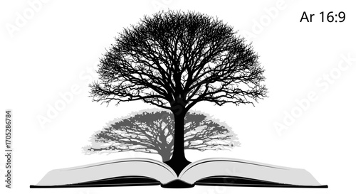 The tree of knowledge reflected on the open book showcasing nature and wisdom