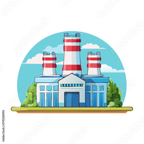 Stylized industrial factory with red and white striped smokestacks energy concept