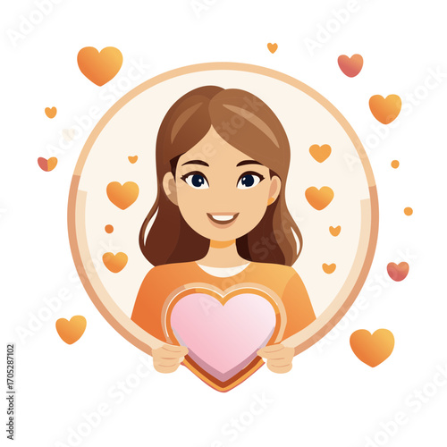 Cheerful Woman Portrait Holding a Pink Heart Surrounded by Love Icons for a Romantic Valentine's Day