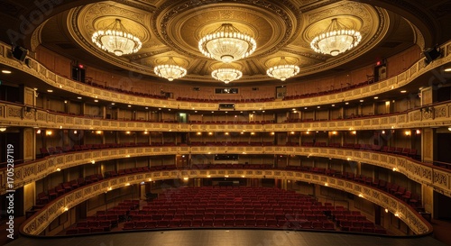 Ornate theater interior showcasing multiple balconies, red seats, and opulent chandeliers.