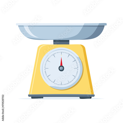 Retro yellow kitchen scale with a metal weighing bowl and analog dial