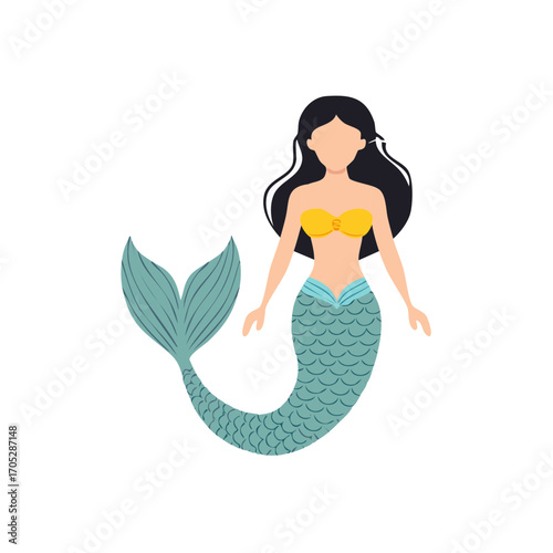 Cute Cartoon Mermaid Illustration with Long Dark Hair and Turquoise Tail
