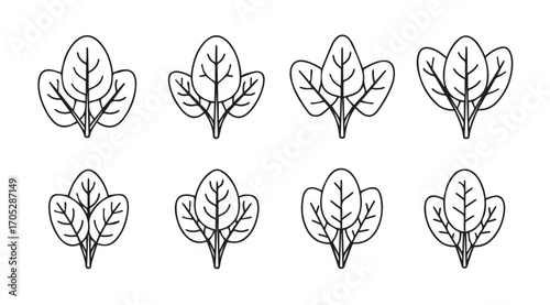 Collection of eight stylized spinach leaf silhouettes in a grid pattern