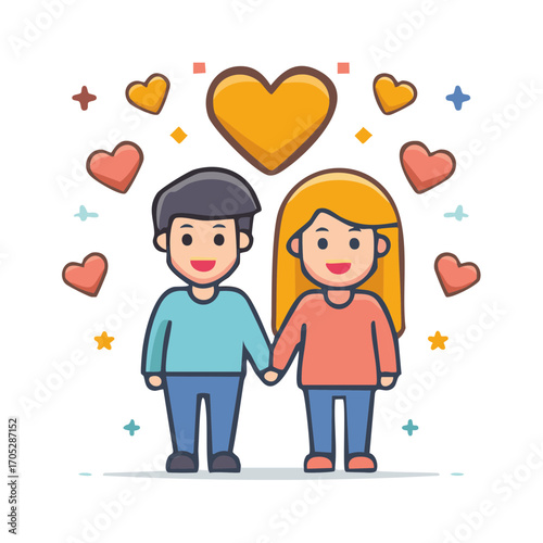 Cartoon couple holding hands surrounded by hearts and stars in love, relationship concept illustration