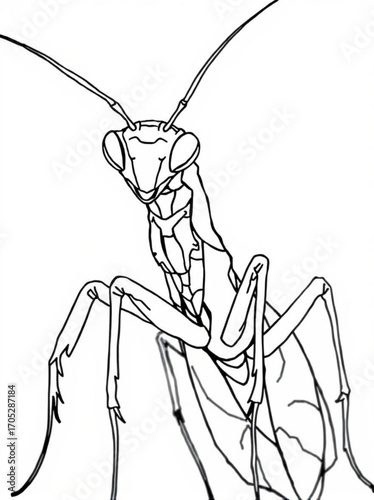 Minimilist detailed line drawing of a praying mantis insect with long antennae and prominent forelegs in black and white vector