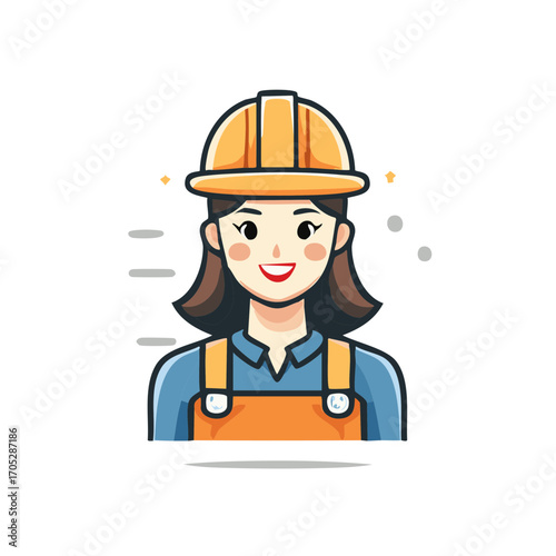 Illustrated Woman Construction Worker Smiling Wearing Hard Hat and Overalls