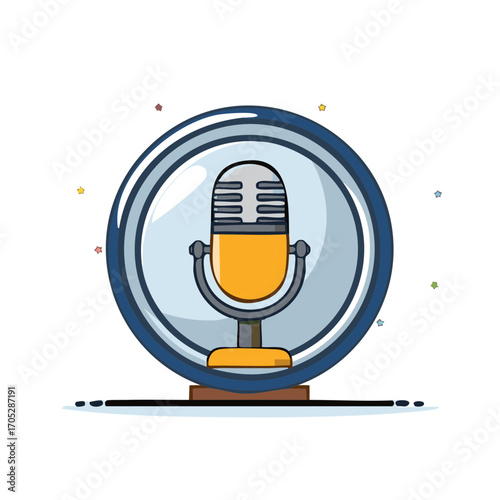 Vintage Style Microphone Symbol in a Blue Circle Emblem for Audio and Podcast Production